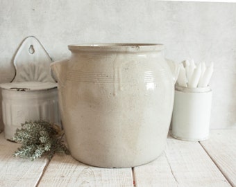 Large Antique French Beige Glazed Stoneware Confit Pot