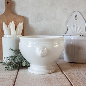 Vintage French White Thick Porcelain Footed Salad Bowl, Lions head handles