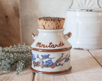 Vintage French Gray Stoneware Mustard Jar, floral decor