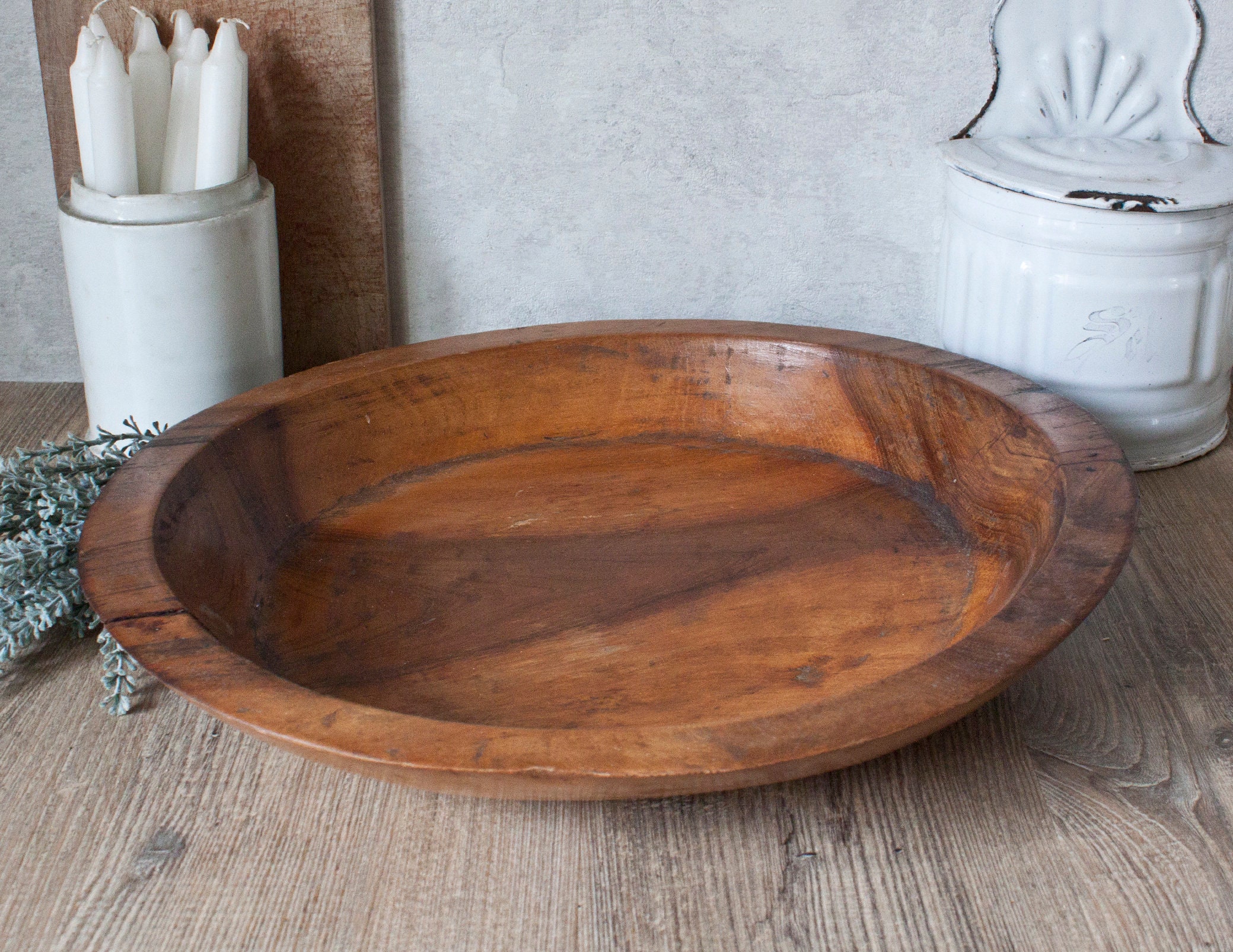 Grand Saladier Plat Vintage Rustique en Bois