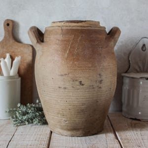 1800s XL Antique French Stoneware Confit Pot in Beige Ocher Shades