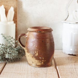 1800s Small Antique French Beige Brown Stoneware Crock