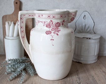 1800s Gorgeous Tall Antique French CREIL & MONTEREAU Ironstone Pitcher, pink transferware floral decor