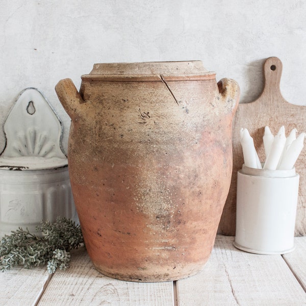 Ancien grand pot en grès tons beige brique