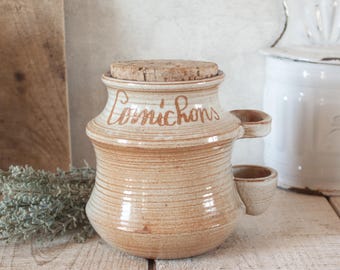Vintage French Glazed Beige Stoneware Pickles Jar