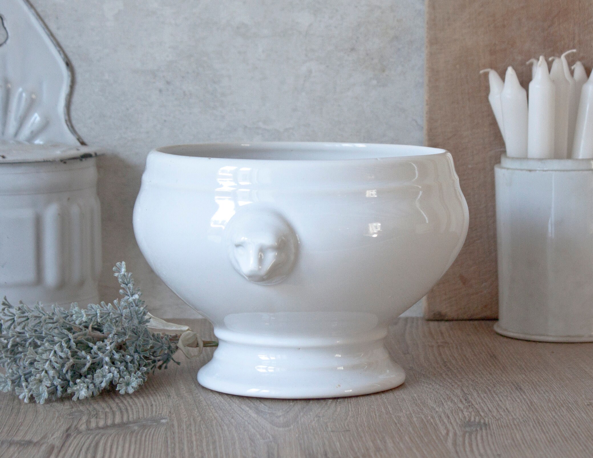 Saladier Ancien en Faïence Blanc à Tête de Lions, Pied Douche