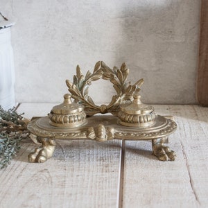 Antique French Brass Inkwell, lion paws
