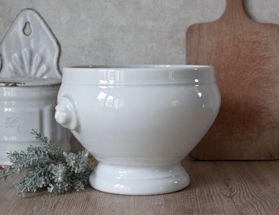 Antique French APILCO White Thick Porcelain Footed Salad Bowl, Lions Head  Handles 