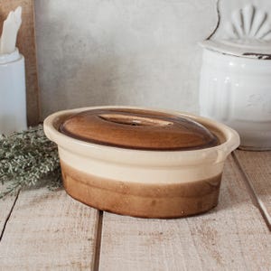 Antique French LA BOURGUIGNONNE Glazed beige brown Oval Terrine Pot