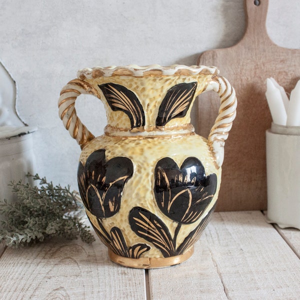 Vase vintage VALLAURIS en céramique, jaune, noir et doré