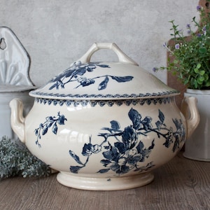 1800s Antique French GIEN Tea Stained Ironstone Footed Tureen Blue Transferware Floral Decor