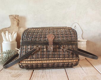 19th Antique French Handwoven Basket in blackened wicker