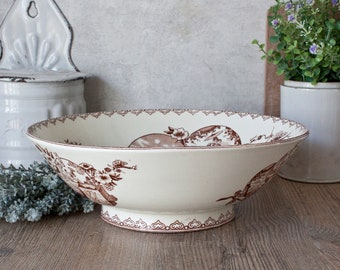1800s Gorgeous Antique French CLAIREFONTAINE White Ironstone Salad Bowl, transferware sepia Japanese decor