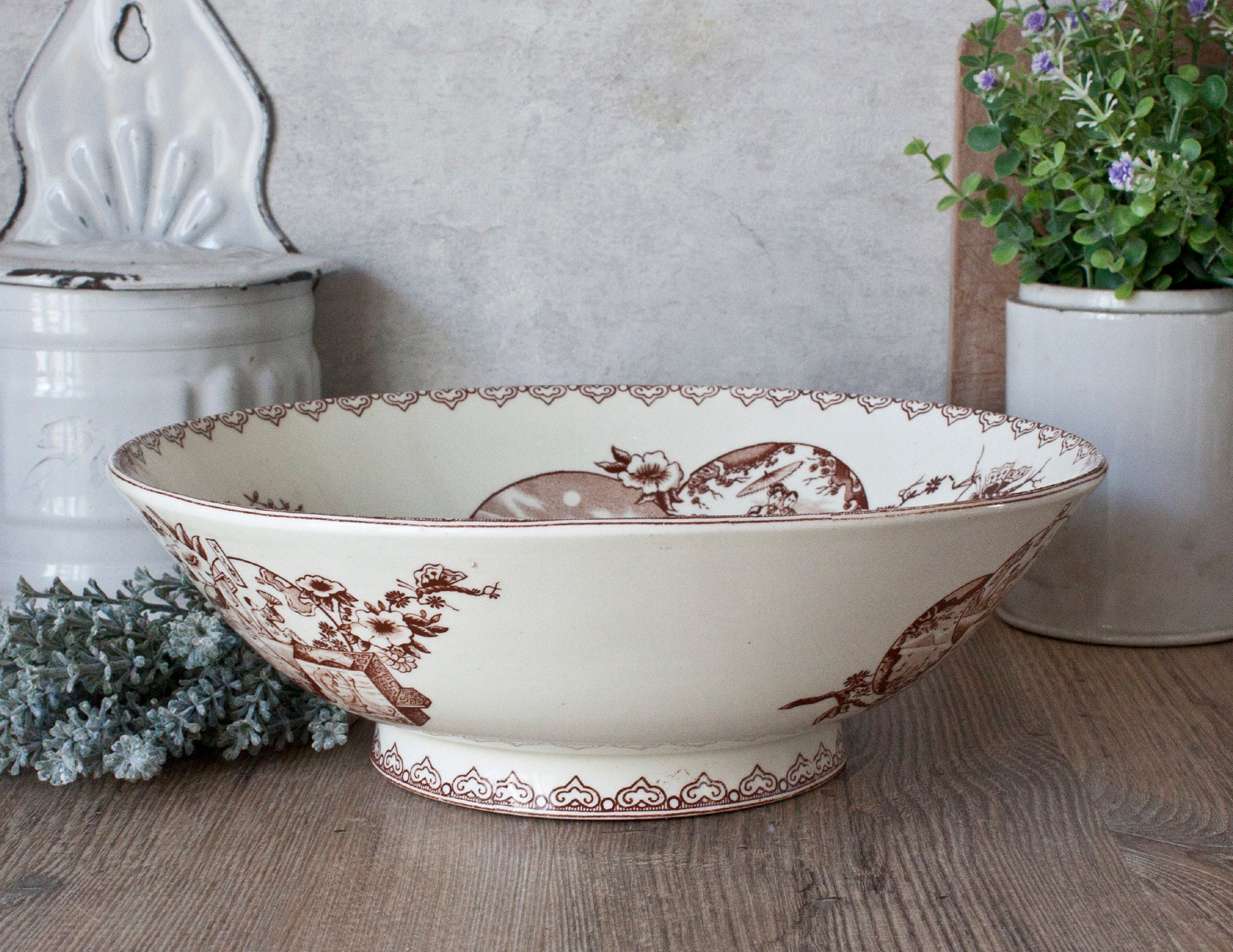 Grand Saladier Clairefontaine en Terre de Fer Décor Sépia