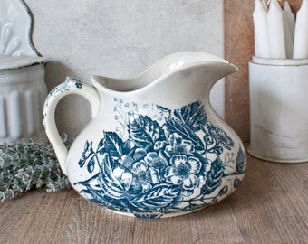 1800s Gorgeous Antique French Ironstone Pitcher, blue transferware floral and butterfly decor