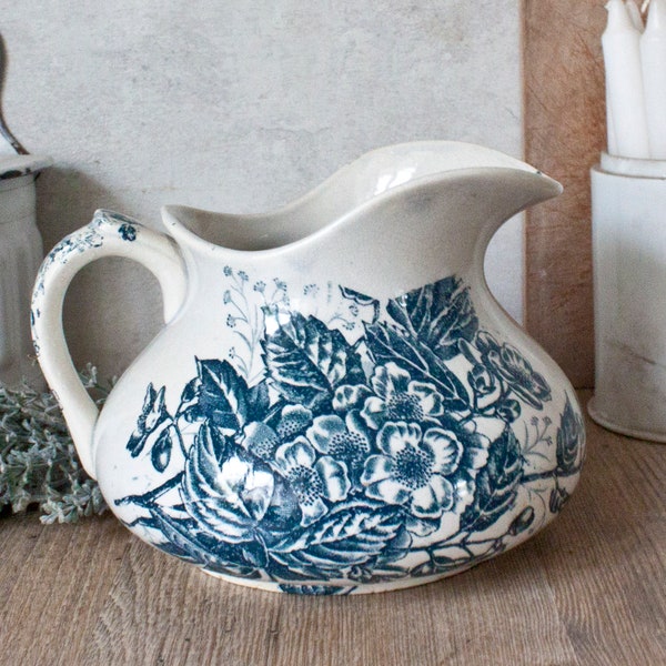 1800s Gorgeous Antique French Ironstone Pitcher, blue transferware floral and butterfly decor