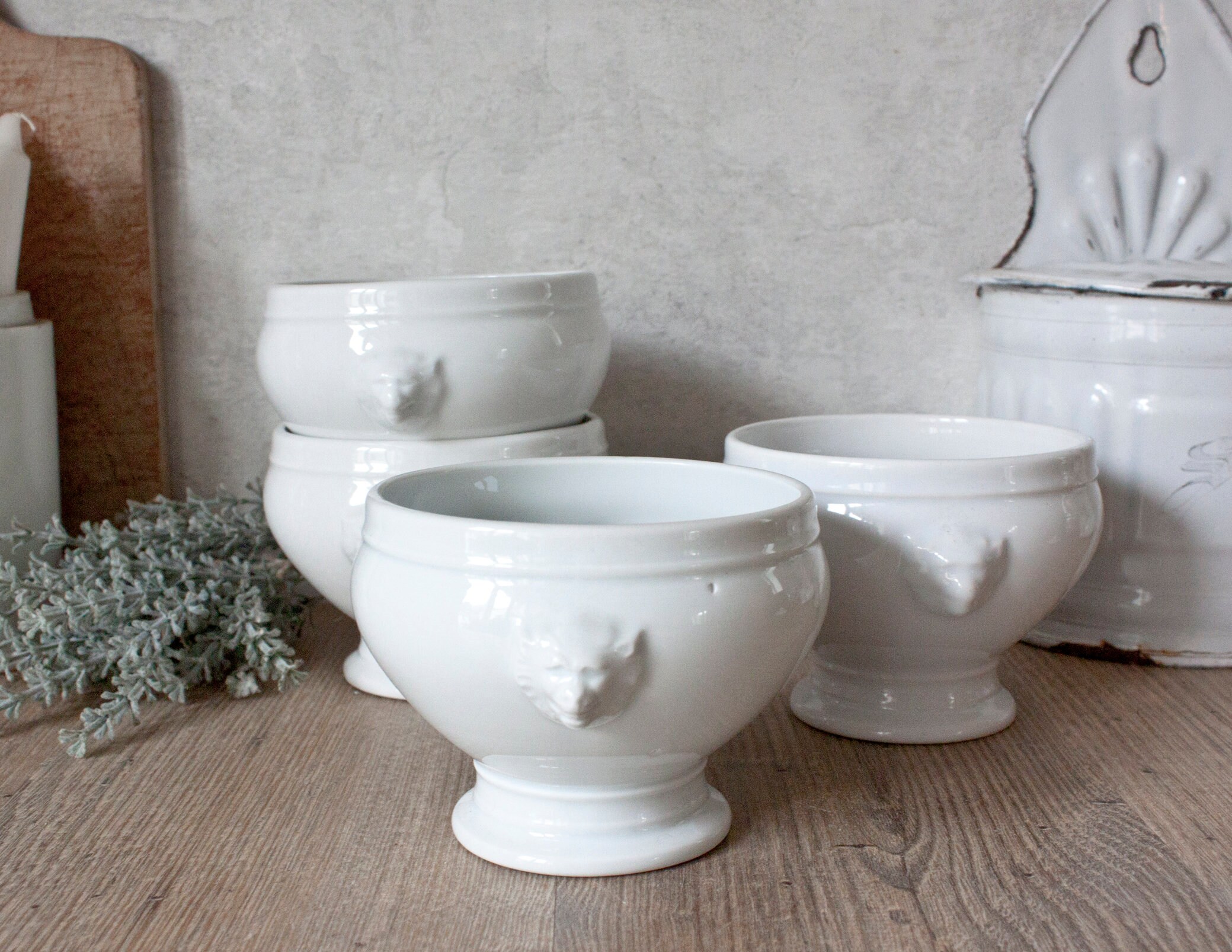 Ensemble de 4 Bols Vintage en Porcelaine Blanche, Têtes Lion