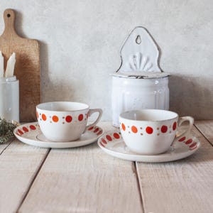 RARE Vintage French SAINT-AMAND Duo of large tea cups and saucers porcelain, orange and gold dots