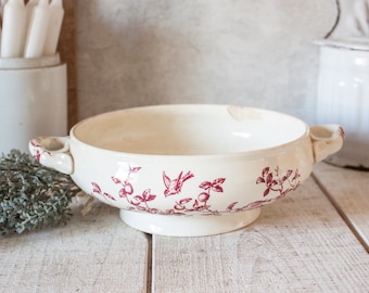 1800s Gorgeous Antique French Jules Vieillard Bordeaux Ironstone Salad Bowl, Pink Decor