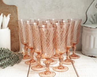 Set of 8 Vintage French Rosaline Salmon Pink Glass Champagne Glasses
