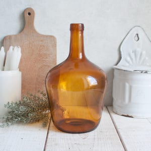 Vintage Dame Jeanne Amber Glass Bottle, Demijohn