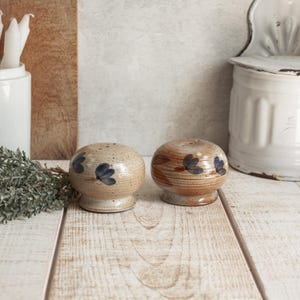 Vintage French salt and pepper shaker set GRES DU MARAIS beige glazed stoneware with blue pattern
