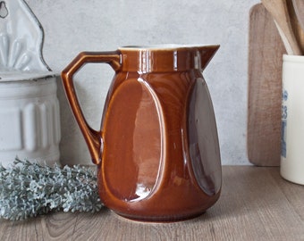 Vintage French Glazed Brown Stoneware Pitcher
