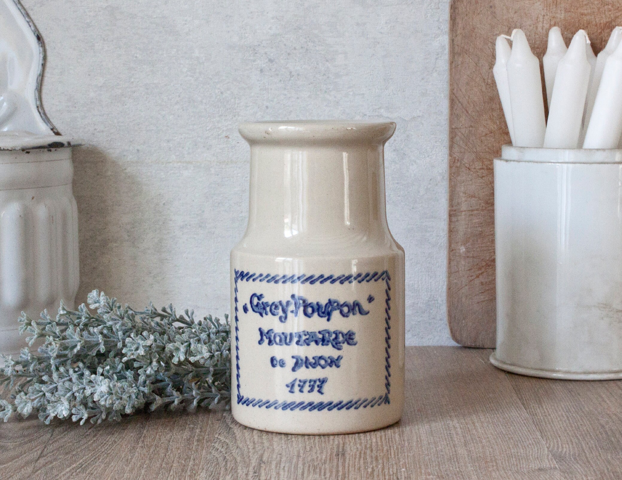Ancien Pot à Moutarde Grey Poupon en Grès Vernissé Beige Écriture Bleu