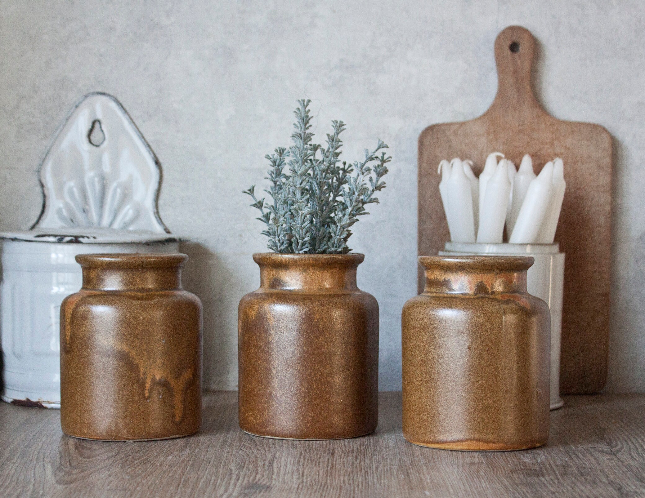 Ensemble de 3 Pots à Moutarde Anciens en Grès Vernissé Tons Marron