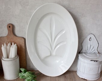 Large Vintage French White Earthenware Oval Asparagus Dish