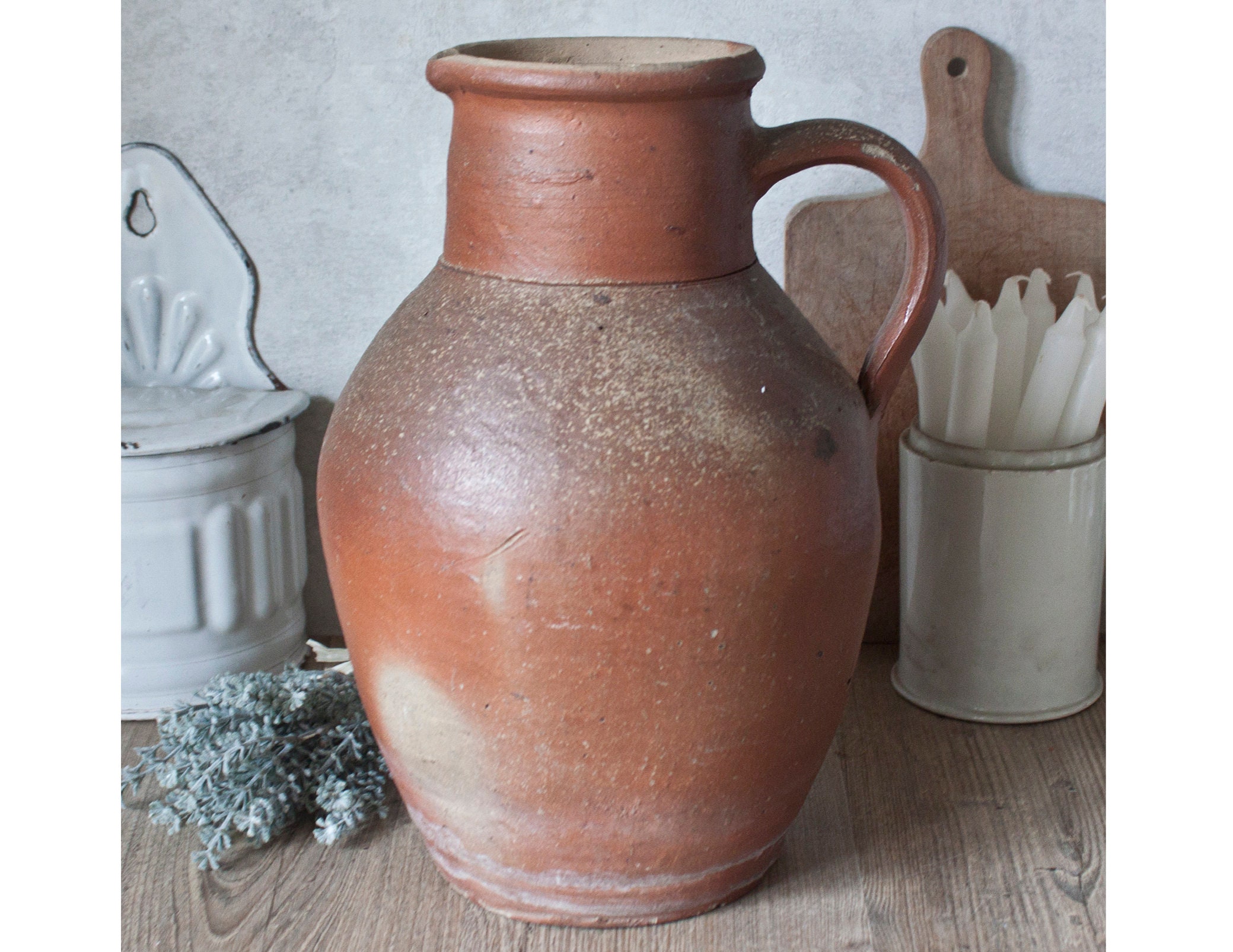 Grande Cruche Ancienne en Grès Vernissé Beige Marron