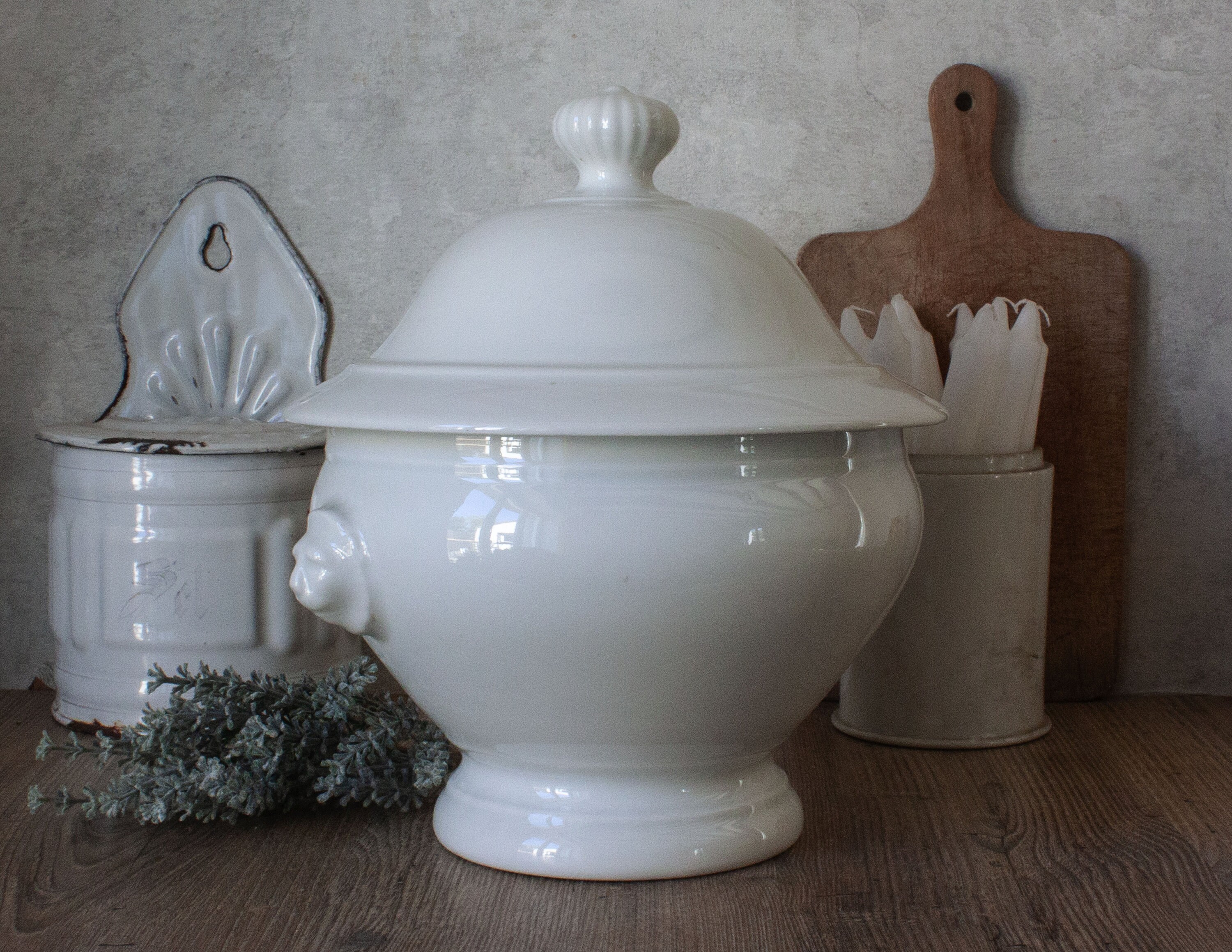 Grande Soupière Ancienne en Terre de Fer Blanc à Tête Lions, Pied Douche