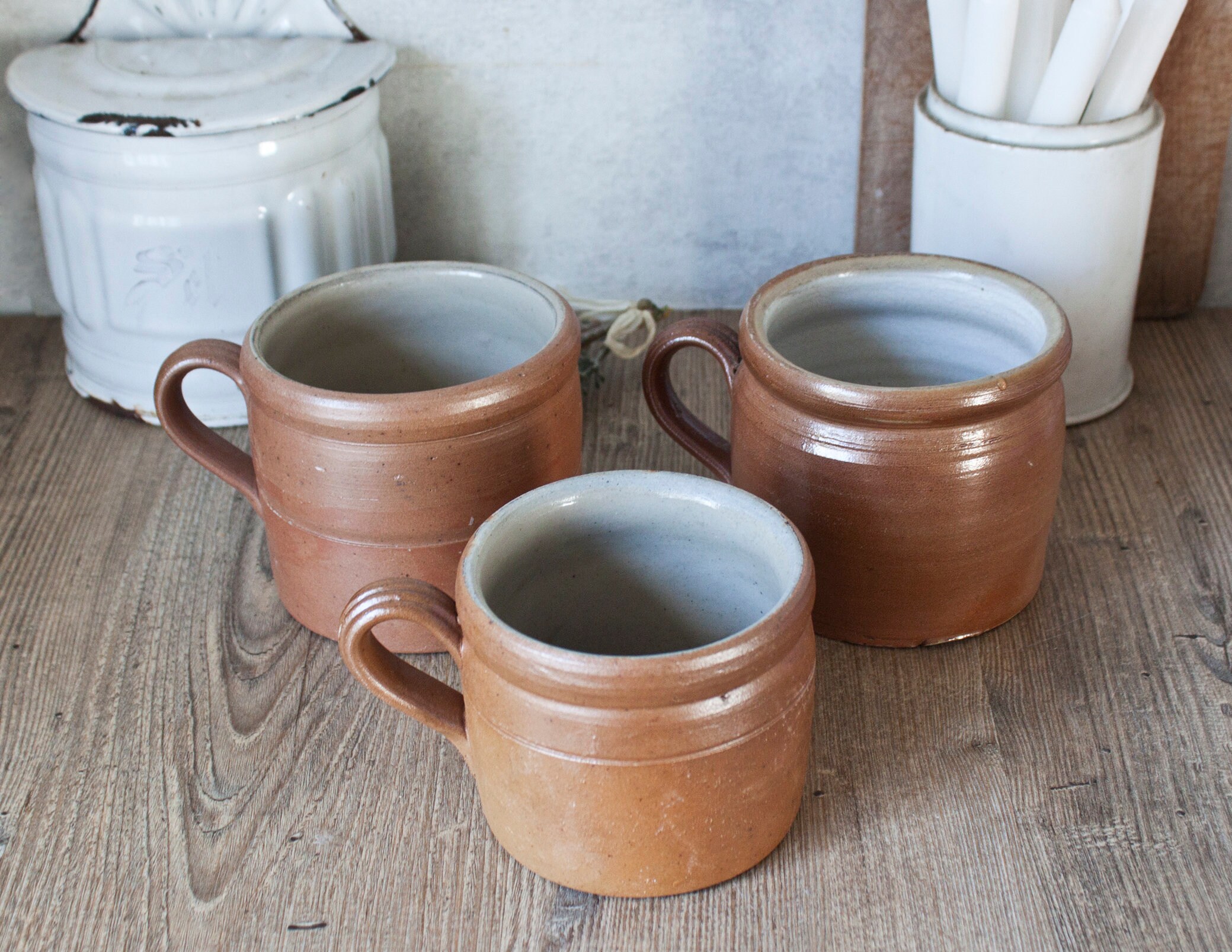 Ensemble de 3 Anciens Pots en Grès Bonny Vernissé Tons Marrons