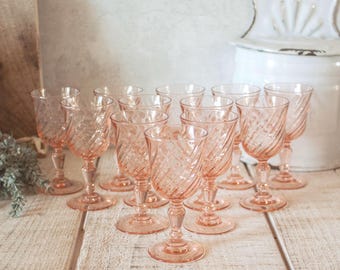 Set of 12 Vintage French Rosaline Salmon Pink Glass Liquor Glasses