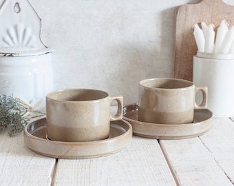 Ensemble de 2 Grandes Tasses Vintage GRES de BRENNE avec soucoupes en grès vernissé beige