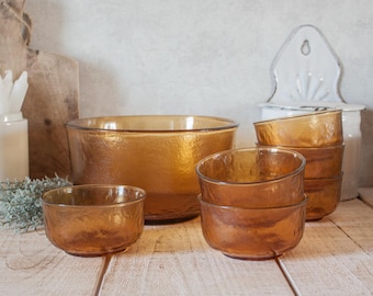 1960s Vintage French ARCOROC Sierra Amber Glass Dessert Set