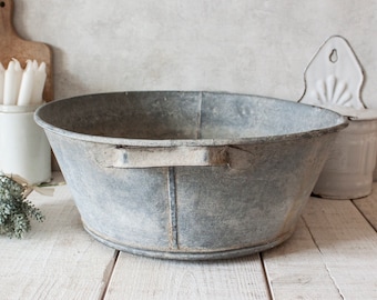 Vintage French Round Galvanized Basin