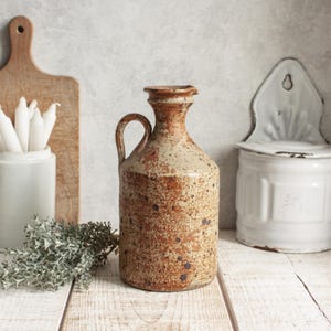 Vintage French Stoneware pitcher in speckled beige-brown tones