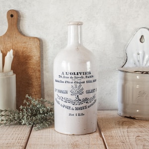 1800s Antique French A L&#39;OLIVIER Glazed beige Stoneware Oil Bottle