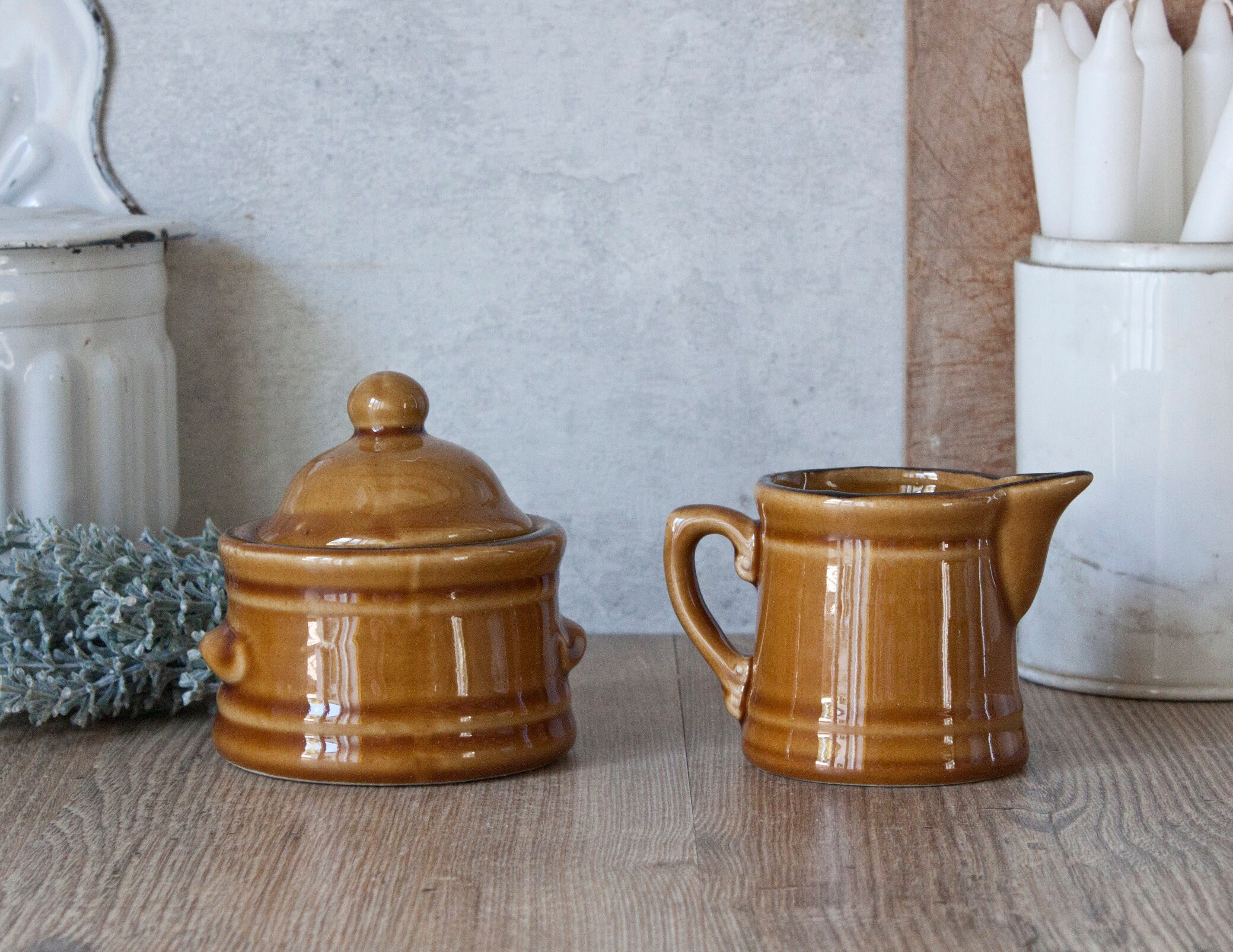 Ensemble Sucrier et Pot à Lait Vintage en Grès Vernissé Ocre