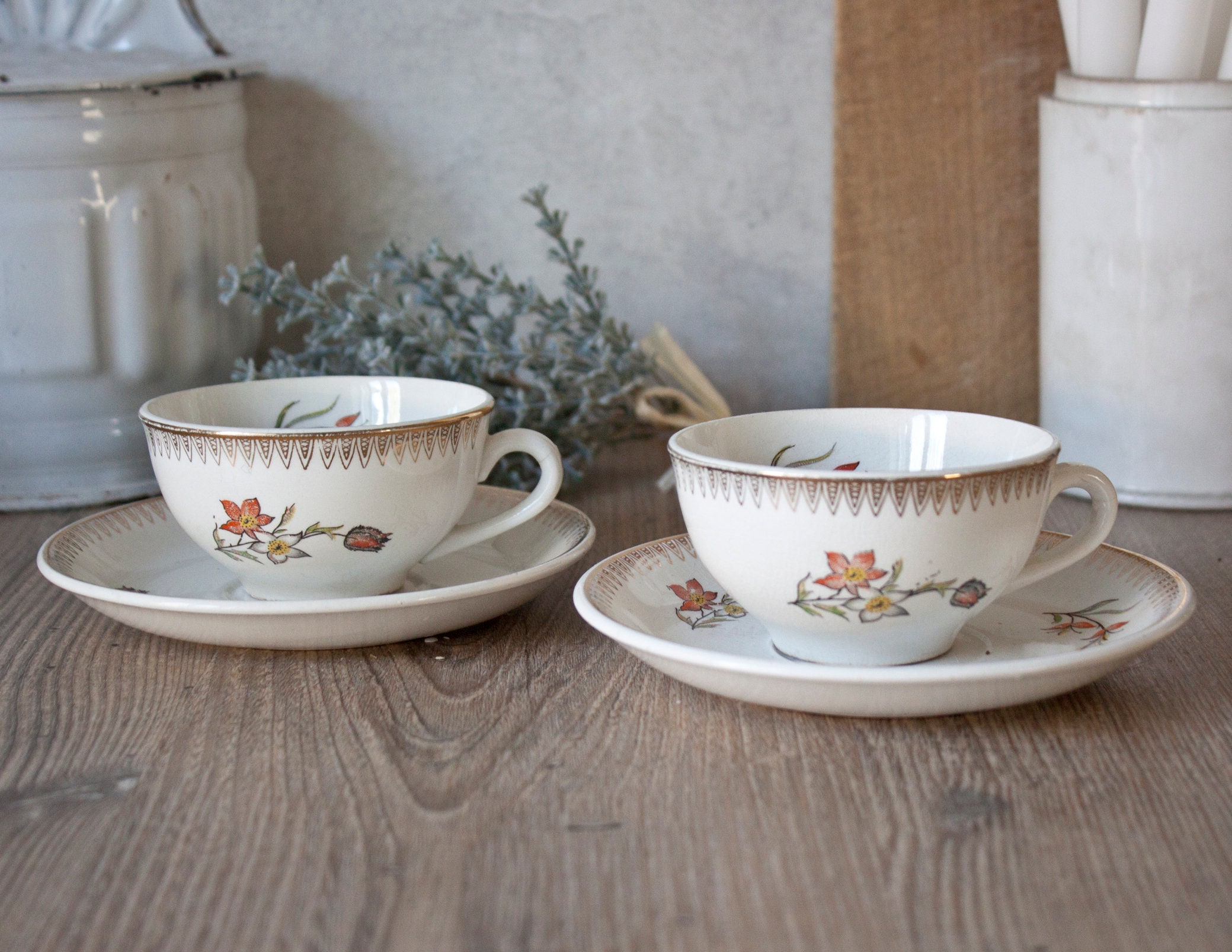 Ensemble de 2 Tasses et Soucoupes Anciennes Saint-Amand en Porcelaine, Décor Fleurs Bords Dorés