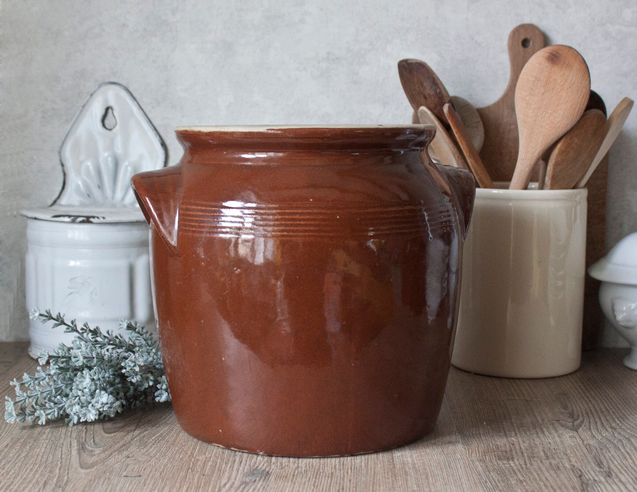 Ancien Pot à Graisse ou Confit Oreilles en Grès Vernissé Marron Foncé