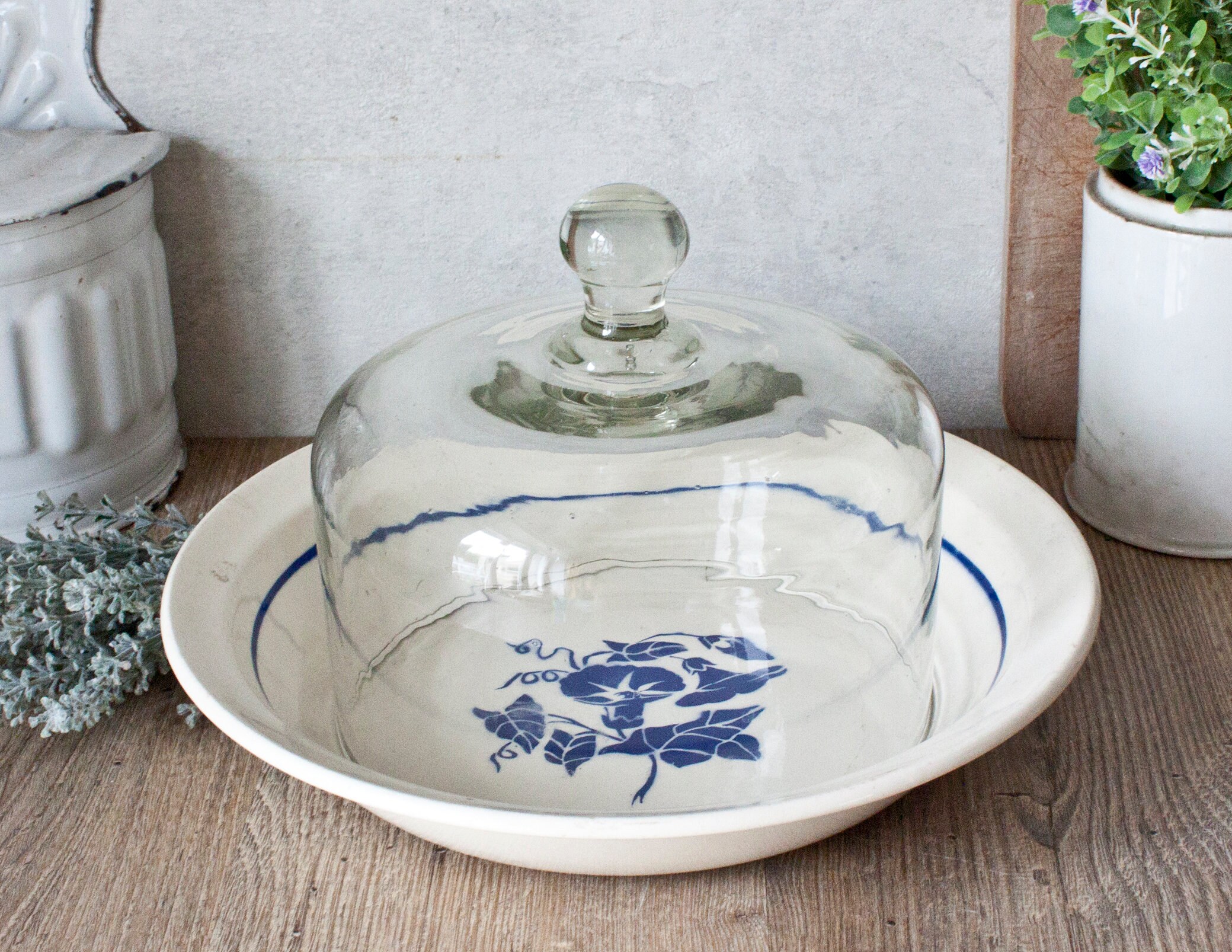 Belle Cloche en Verre Ancienne avec Son Grand Plat Badonviller Terre de Fer Decor Floral Bleu