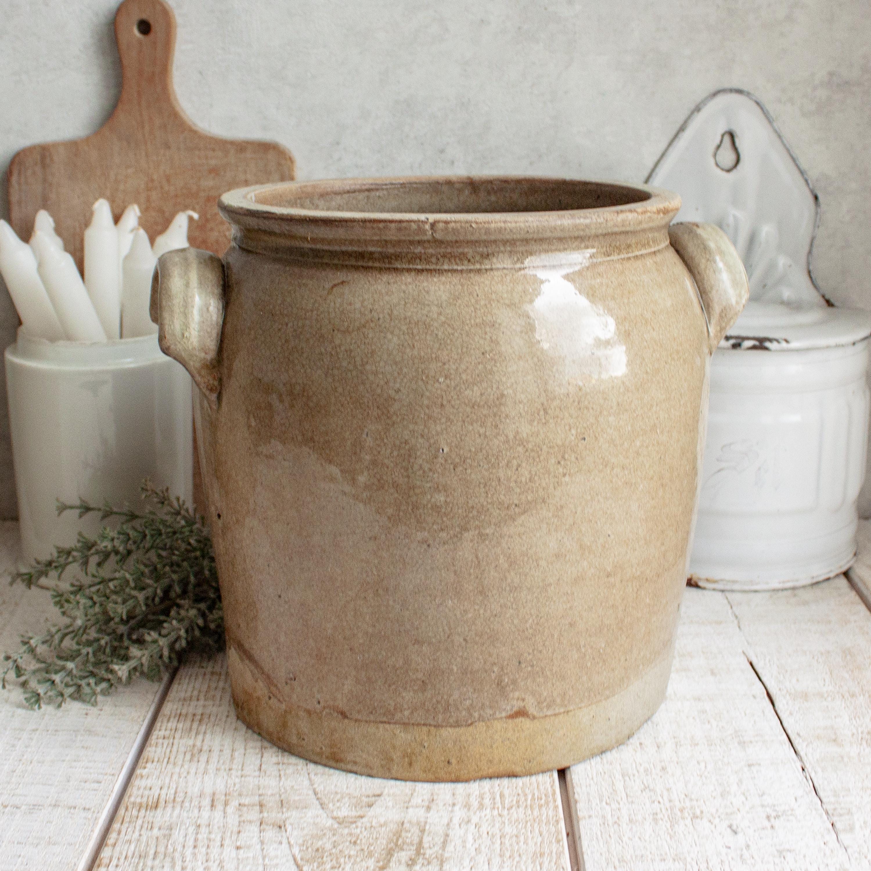 Large Antique French Beige Glazed Stoneware Confit Pot