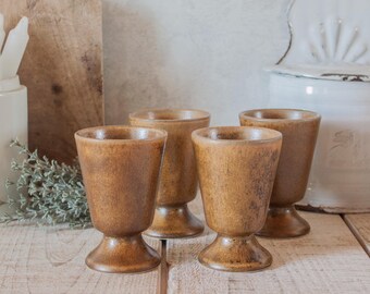 Set of 4 Small Vintage French Glazed Ocher Brown Stoneware Mazagrans