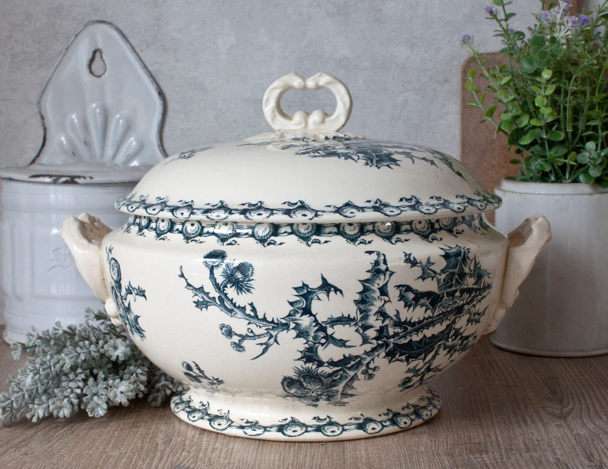 Magnifique Soupière Ancienne Gien Chardons Terre de Fer Decor Floral Bleu