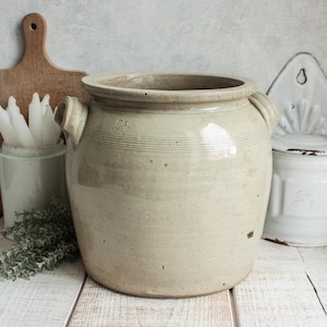 Large Antique French Beige Glazed Stoneware Confit Pot