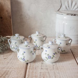 以下が含まれることがあります： 蓋と2つの持ち手が付いた白い磁器製のシュガーボウル5個セット。縦にリブが入った質感で、丸みを帯びた本体には、緑の茎と葉を持つ小さな青いヤグルマギクの繊細な手描きの模様が施されています。