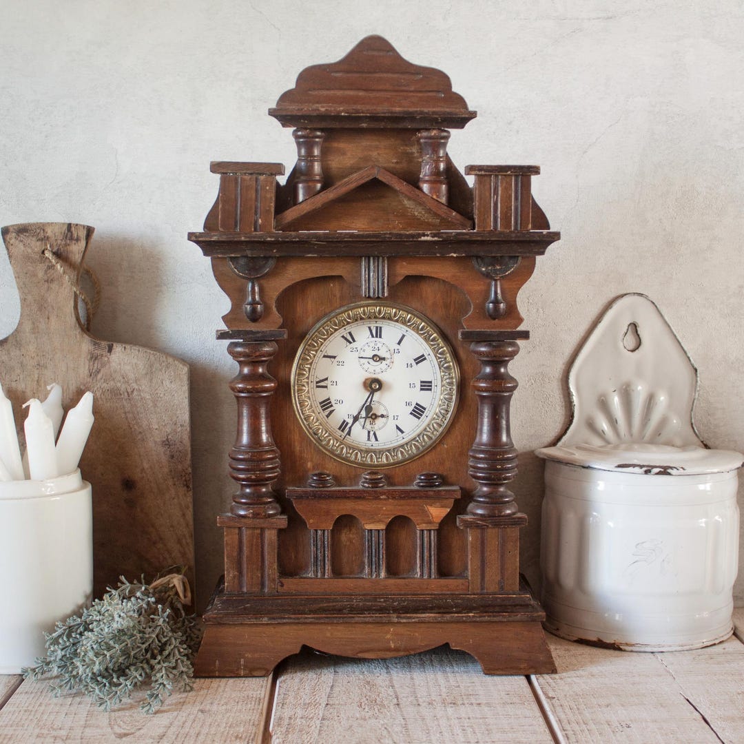 Retro Table Clock Image Antique Wooden Decorative Table Clock in an Architectural Style ...