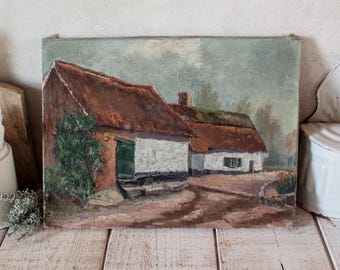 Original Antique French Oil Painting Linen Canvas Country House
